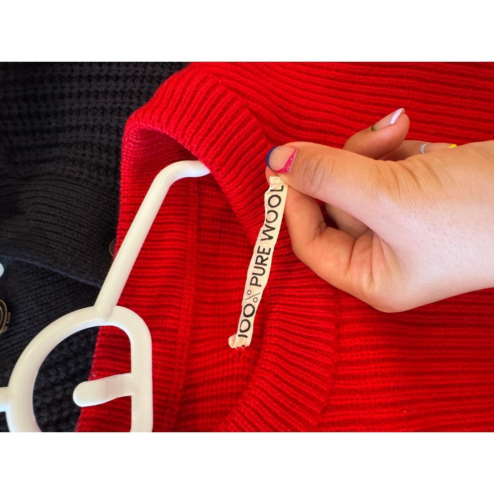 Wool Knit Sweater Red Striped Trim Long Sleeve Pullover - Picture 4 of 4